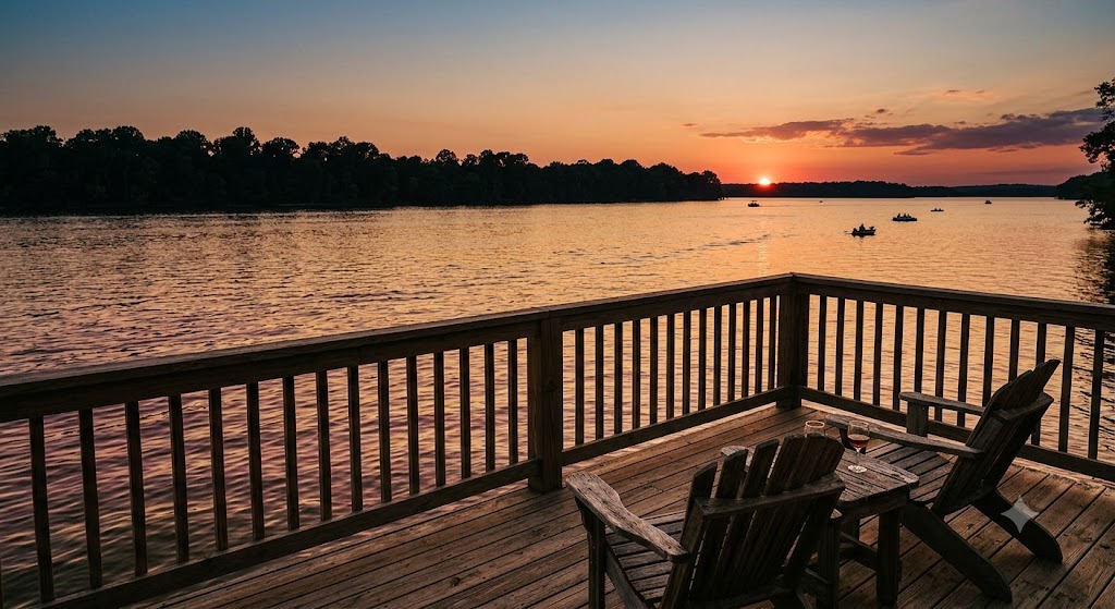 Sunset over water from a lakeside deck (Barkley's east shore sunset appeal)